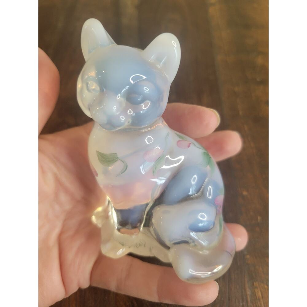 Fenton Opalescent Cat Figurine Hand Painted Double Signed-Artist & Fenton Family